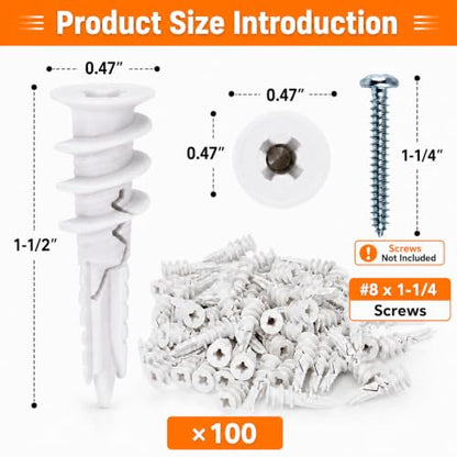 100 Pcs Self Drilling Drywall Anchors (Screws No Included), Plastic Anchors for Drywall, Sheetrock, Gypsum Wallboard, Screw Anchors for Multiple Wall Hanging Items, No Pre Drilling Required