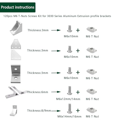 120 pcs M6 T Nut Screws Kit for 3030 3060 Aluminum Extrusion, 60 pcs Silver M6x10/12/14/16mm Hexagon Socket Screws and 60 pcs M5 Drop in T-Nuts with 1 pcs M6 Hex Wrench - style: 120pcs 30 Series Screws Kit Silver