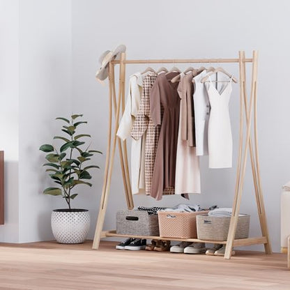 Wooden Retail Display Hanging Clothes Rack with Storage Shelf, 52" W x 57" H Freestanding Heavy Duty Clothing Drying Garment Rack for Hanging Clothes, Coat, Dress, Shirt, Hat - size: 52"W - Wood