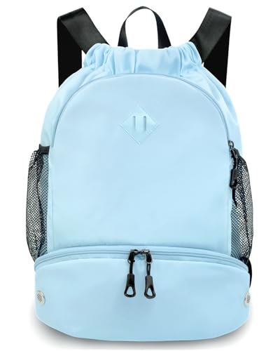 RHDZO Drawstring Backpack Gym Backpack with Shoe Compartment for Men Women String Sports Bag with Wet Pocket Cinch Swim Beach Bag, Large Blue - color: Large Blue, size: Large