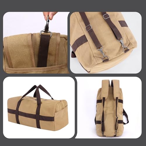 Large Canvas Travel Duffle Bag Heavy Duty, 3-in-1 Convertible Travel Bag with Backpack Straps for Gym, Sports, Travel, Camping(Khaki) - color: Khaki
