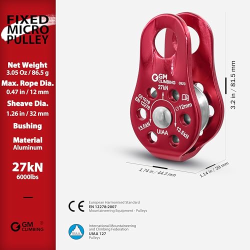 GM CLIMBING Fixed Micro Pulley 27kN CE UIAA Certified Slack Tender for Hitch Tending - color: One Unit