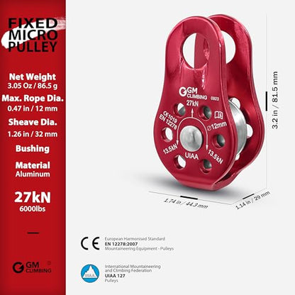 GM CLIMBING Fixed Micro Pulley 27kN CE UIAA Certified Slack Tender for Hitch Tending - color: Pack of 2