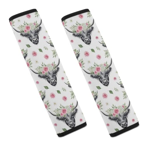 Universal Fit Western Wildlife Animal Highland Cow Rose Floral Bull Cattle Car Seat Belt Pad for Elderly Support, Stroller Pushchair High Chair, 1 Pair Shoulder Harness Cover Neck And Shoulder Support - color: Pattern 295