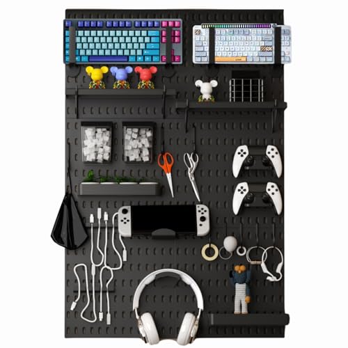 Keepo Peg Board Wall Organizer for Gaming Setup, Pegboard with Adhesives & Screw Mounts, Includes Peg Board Accessories for Gaming Accessories, Tech Storage & Office Organization (Black, 33″×22″) - color: Black, size: 33″×22″