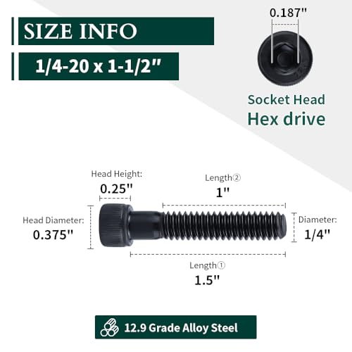 1/4-20 x 1-1/2" Socket Head Cap Screws Bolts, 12.9 Grade Alloy Steel, Black Oxide Finish, Allen Hex Drive, Partial Thread, 50 PCS - size: 1/4-20 x 1-1/2"
