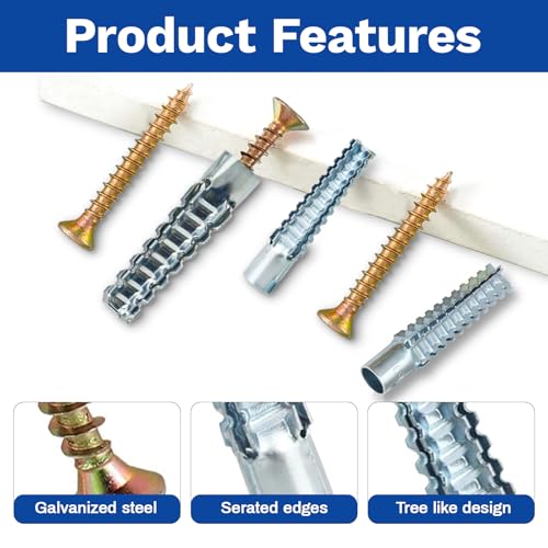 100 Pcs M3 M6 Tree Shaped Steel Hollow Wall Anchor with Screws, Metal Expansion Screws for Concrete and Drywall, Loose Hinge Hole Repair Kit - size: M3/6-100 Pcs