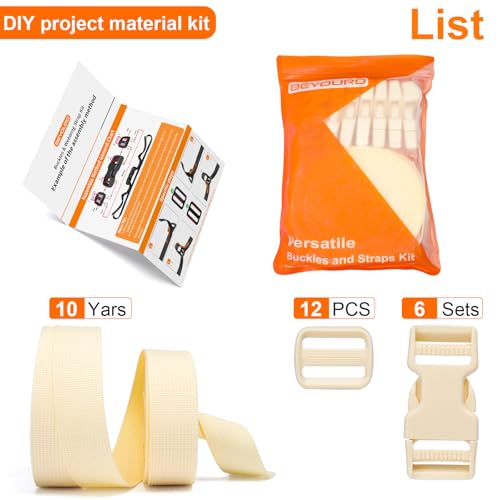 BEYOURD 1 inch Buckles and Strap Set: 10 yards Polyester Webbing Strapping, 6 pack Dual Adjustable Side Release Plastic Buckles, 12 PCS Tri-Glide Slider Clips for DIY Projects, Cream - color: Cream