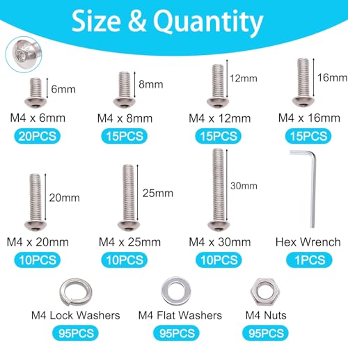 380PCS M4 Screw Kit, M4 x 6/8/12/16/20/25/30mm Button Head Socket Cap Screws Bolts Nuts Washers Assortment Kit, 304 Stainless Steel M4 Bolts with Hex Wrench - size: SS M4 x 6/8/12/16/20/25/30mm, style: Button Head
