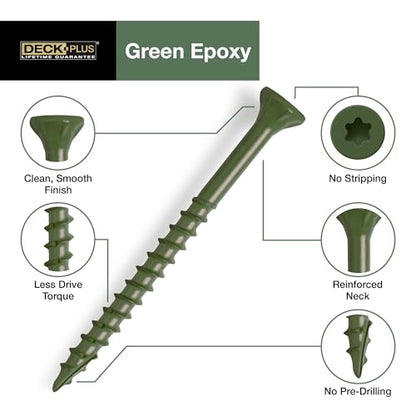 Deck Plus Deck Screws, #10 x 3-1/2in, 275 Pack, 5lb Box, Green | Epoxy-coated steel, star drive with T25 bit, self-drilling coarse thread for decking, fencing, and treated lumber use - color: Green, size: #10 x 3-1/2", style: 275 pcs