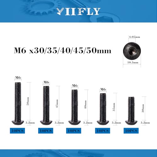 M6-1.0 Button Head Socket Cap Bolts Screws - 30/35/40/45/50mm Length Kit, 10.9 Grade Alloy Steel, Allen Drive, Black Oxide Finish, Full Thread, 50-Piece Set - size: 12.9-Button-M6-30-50mm
