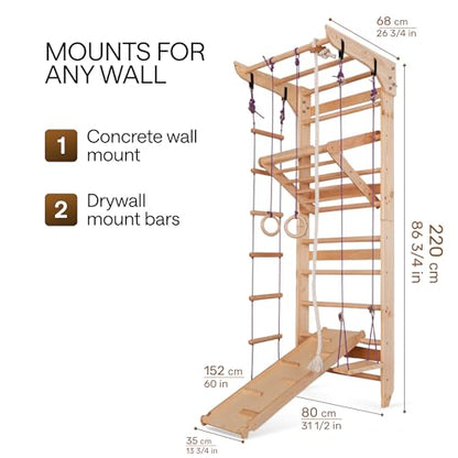 WEDANTA Wooden Swedish Ladder Wall Set – Kids Stall Bars for Exercise – Kids Swedish Gymnastic Wall Gym – Wood Stall Bar Gymnastics Playground – Best Gym for All Family - color: Wood