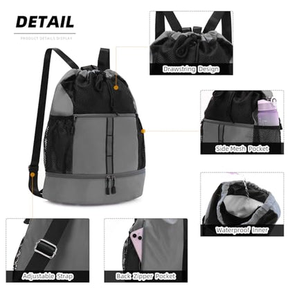 Valleycomfy Drawstring Gym Bag Sports Backpack With Shoe Compartment Grey | Reflective Strips Top Handle - color: Grey08