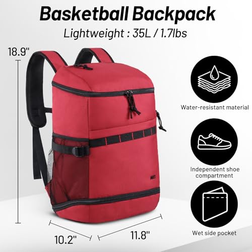 MIER Men's Gym Backpack Lightweight Sports Bag with Shoe Compartment | 35L Capacity Back Pack, Multi-Pockets, Separate Compartment, Wet Pocket, Water Resistant, For Training, Workout & Travel - color: Red