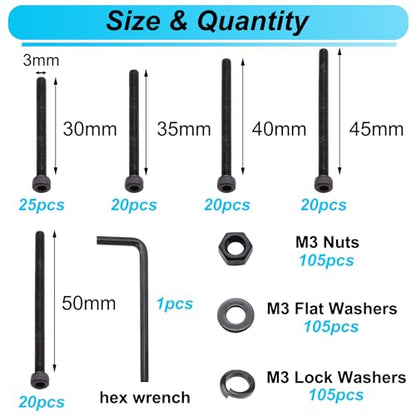 420PCS Black M3 Hex Socket Head Cap Screws, M3 x 30/35/40/45/50mm Metric Screws Bolts Nuts Washers Assortment Kit, 12.9 Grade Alloy Steel - size: M3 x 30/35/40/45/50mm, style: Socket Head