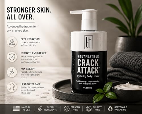 Greyfeather Crack Attack Hydrating Body Lotion for Dry Cracked Skin – Fast Absorbing, Mint Scented, Non-Greasy Moisturizer with Aloe, Shea Butter – Heals Hands, Feet, Elbows, Full Body Repair - size: 9 Fl Oz (Pack of 1)