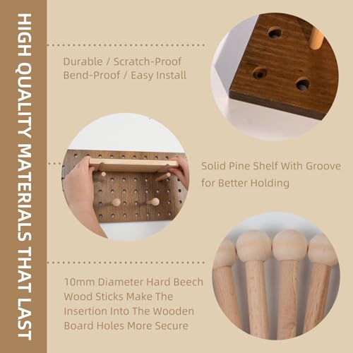 Brown Wood Pegboard Modular Set of 2 | Includes wall hooks & shelf, for home/office/bathroom storage - color: Brown