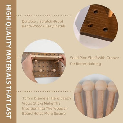Brown Wood Pegboard Modular Set of 2 | Includes wall hooks & shelf, for home/office/bathroom storage - color: Brown