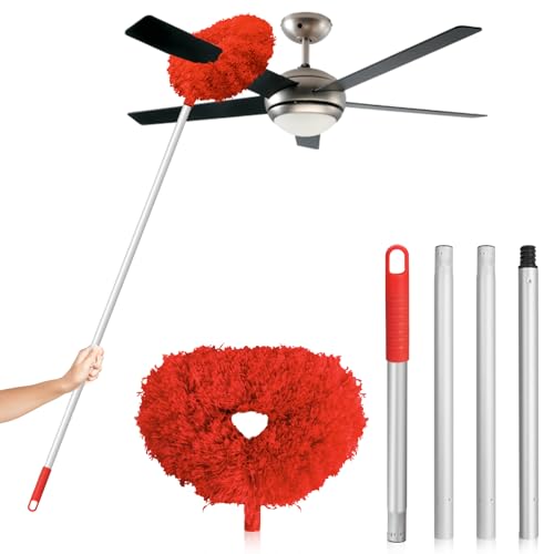 FONUNO Ceiling Fan Cleaner Duster High Ceiling Extended Fan Blade Cleaner | Reusable Microfiber Ceiling Fan Duster with Extension Handle from 13 to 50 Inch for Furniture Bookshelves Wall Door, Red - color: Red