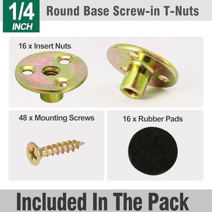 FoDau770 1/4"-20 Brad Hole T-Nut with Screws, Zinc Plated Carbon Steel 3-Hole T-Nuts, Insert Female Thread Mounting Fastener for Wood Furniture and DIY Project - 16 Set (64 Pieces) - size: 1/4"-20