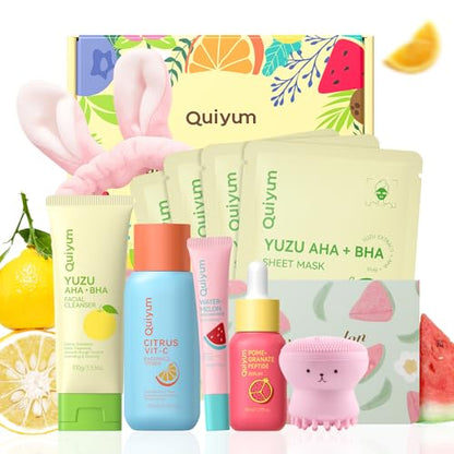 QUIYUM Skin Care Set for Oily/Combination Ance Skin, Natural Fruit Skincare | Salicylic Acid, Vit-C & Peptide, Birthday Gifts for Women, Deep Cleansing, Oil Control, Glowing & Moisturizing, Gift Sets - size: 10 Count (Pack of 1)