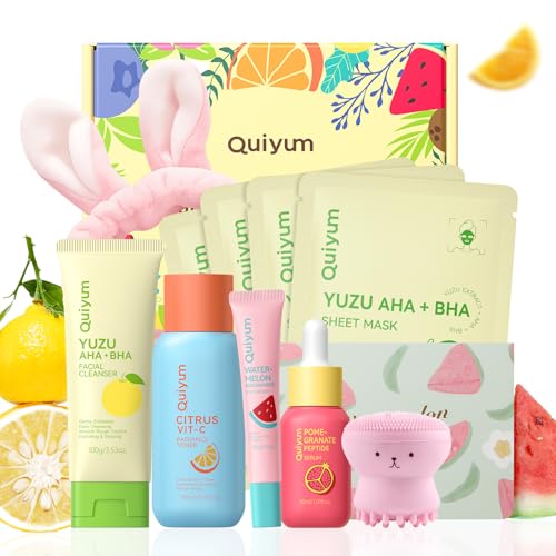 QUIYUM Skin Care Set for Oily/Combination Ance Skin, Natural Fruit Skincare | Salicylic Acid, Vit-C & Peptide, Birthday Gifts for Women, Deep Cleansing, Oil Control, Glowing & Moisturizing, Gift Sets - size: 10 Count (Pack of 1)