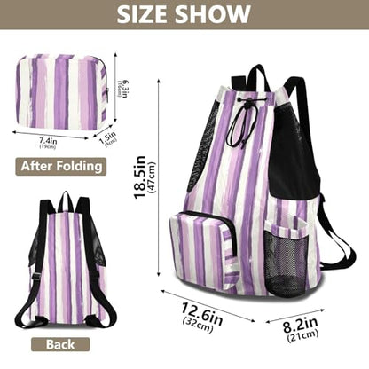 Drawstring Bags Climbing Gym Bag With Water Bottle Pocket String Bag Wet and Dry Separation Lavender Purple White Stripe Pattern Doodle Art