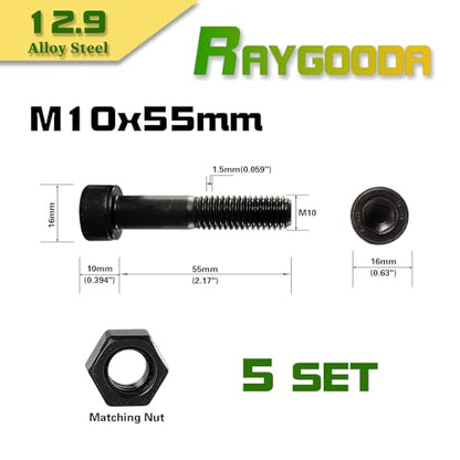 M10-1.5x55 Socket Head Cap Screw and Nut Kit 5set, Grade 12.9 Alloy Steel, Black Oxide Finish, Partially Thread, High Tensile Strength for Automotive, Machinery & Heavy Duty Use - size: M10x55mm(5 Sets）