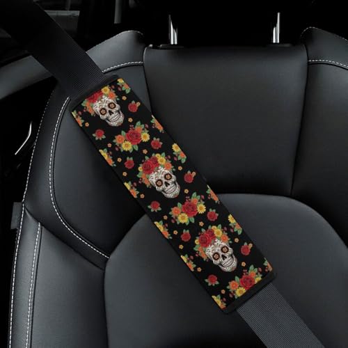 Universal Fit Seat Belt Cover for Adult Use, Stroller Pushchair High Chair, 2PCS Day of The Dead Flower Sugar Skull Harness Pads Strap Shock Absorption - color: Pattern 1247