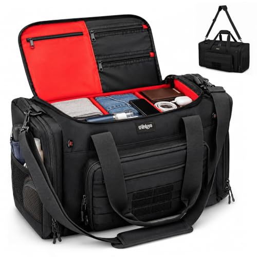 Tactical Gym Bags for Men, Travel Duffle Bag with Dividers, Red | 45L, 900D Oxford, Insulated Cooler Pocket, Wet/Dry Storage, Airline Carry-On Compatible, for Sports and Weekender Overnight - color: Red