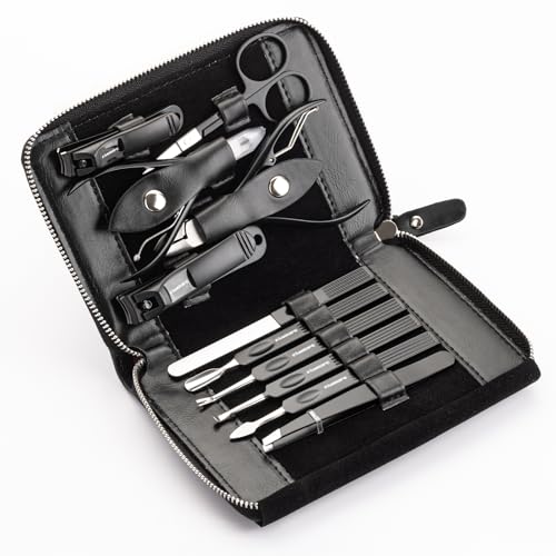 FAMILIFE Professional Manicure Set, Manicure Kit, Nail Clippers Set, 11 in 1 Stainless Steel Black Pedicure Tool, Nail Kit with Portable Leather Travel Case Luxury Gifts - color: Black-1