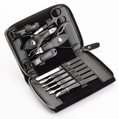 FAMILIFE Professional Manicure Set, Manicure Kit, Nail Clippers Set, 11 in 1 Stainless Steel Black Pedicure Tool, Nail Kit with Portable Leather Travel Case Luxury Gifts - color: Black-1