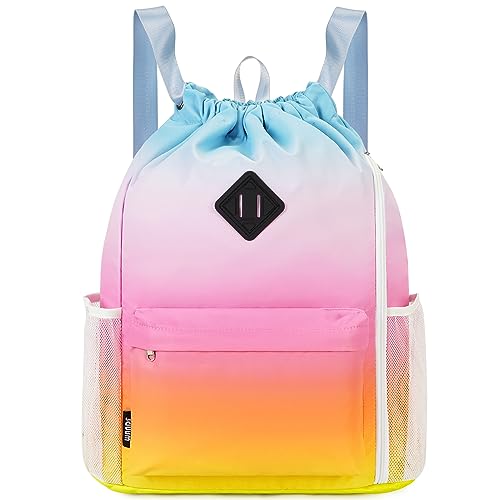 WANDF Drawstring Backpack with Shoe Compartment, Sports Gym Bag | Multi-Pocket Storage, Water-Resistant Fabric, Cinch String Bag - color: L, Rainbow, size: Large