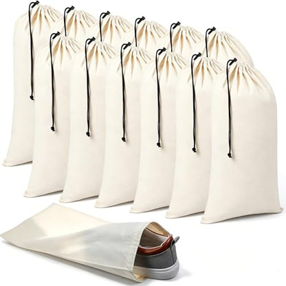 12 Pcs Dust Bags for Shoes Travel, 18x9 Inch Shoe Travel Bags for Suitcase, Single Shoe Pouch Storage Organizer, Cotton Drawstring Bag for Sneakers Boots Handbags, Beige