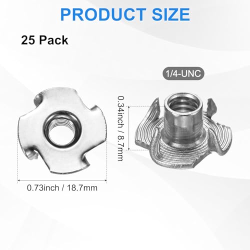 M METERXITY 25-Pack 1/4-UNC T-nut, 6/16" Barrel Length Stainless Steel 4-Pronged Tee Nut Threaded Insert for Wood/Rock Climbing Holds/Furniture, Corrosion Resistant Fasteners - size: 1/4-UNC
