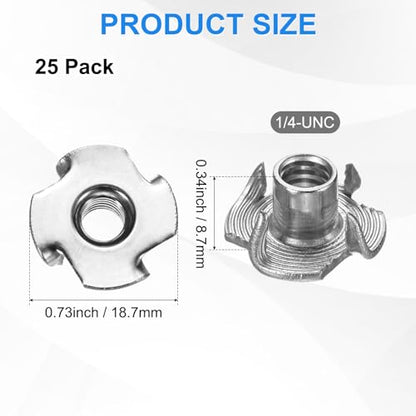 M METERXITY 25-Pack 1/4-UNC T-nut, 6/16" Barrel Length Stainless Steel 4-Pronged Tee Nut Threaded Insert for Wood/Rock Climbing Holds/Furniture, Corrosion Resistant Fasteners - size: 1/4-UNC