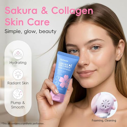 QUIYUM Sakura Collagen Skin Care Set - 5pcs Skincare for Women Teens | Facial Cleanser, Serum, Cream, Facial Brush, Hair Band & Makeup Bag, Deep Cleansing, Hydrating, Firming, Even Tone, Radiance - size: 5 Count (Pack of 1)