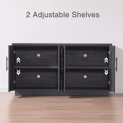 Fatmok 59" Sideboard Buffet Cabinet & TV Stand Set of 2, Modern Arched Credenza with Adjustable Shelves and Long Metal Handles, Wood Console Coffee Bar Storage for Living Room, Black Grey - color: Aa-black Grey