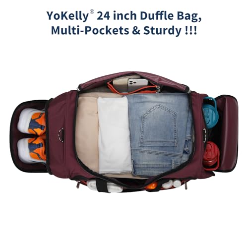24 inch Large Gym Bag for Men - 65L Hard Bottom Duffle Bag with Shoes Compartment for Sport/Travel - Wine Red - color: Wine Red