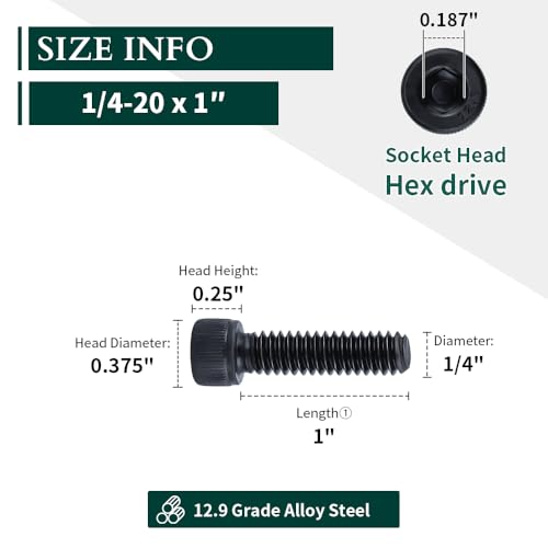 1/4-20 x 1 Socket Head Cap Screws Bolts, 12.9 Grade Alloy Steel, Black Oxide Finish, Allen Hex Drive, Full Thread, 50 PCS - size: 1/4-20 x 1"