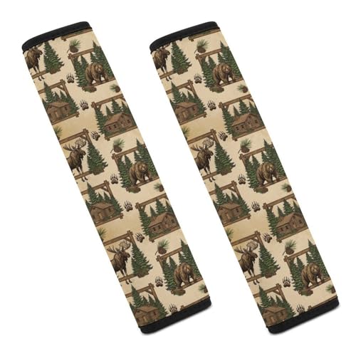 2 Piece Universal Fit Seat Belt Cover for Adult Use, Most Cars, Rustic Cabin Farmhouse Country Bear Moose Wild Animal Vintage Seat Belt Covers Cushion, Shock Absorption - color: Pattern 1212