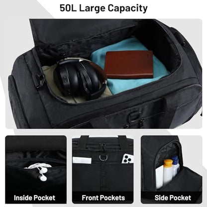 MIER Packable Travel Duffle Bag with Shoe Compartment, 50L, Black | Foldable Weekender Duffel; Multi-Pockets; Adjustable Shoulder Strap; Luggage Sleeve; Travel, Sports, Camping, Gym - color: Black, size: 50L