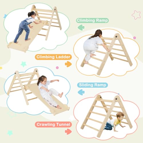 Costzon Climbing Toys for Toddlers, Foldable Montessori Wooden Arch Climber Ladder with Sliding Ramp, Play Table, Multi-Combination Methods, Kids Triangle Climber Play Gym Set for Boys Girls Present - style: 7 in 1 Arch Climber Ladder, Natural