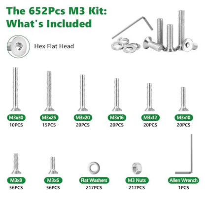 652 Pcs M3 Flat Head Screws Nuts Washers Wrench Kit, 304 SS | with Flat Washers & Wrench, Flush Mount Metric Fasteners for 3D Printers, Drones & DIY, 6mm-30mm,Clear Label Storage Box - size: SS M3 652pcs 1