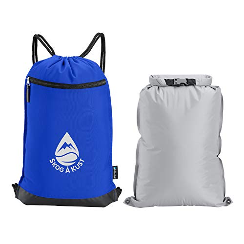 Skog Å Kust GymSak | Patented 2-in-1 Drawstring Cinch Bag with Removable Waterproof Dry Bag | Blue & Grey - color: Navy Blue