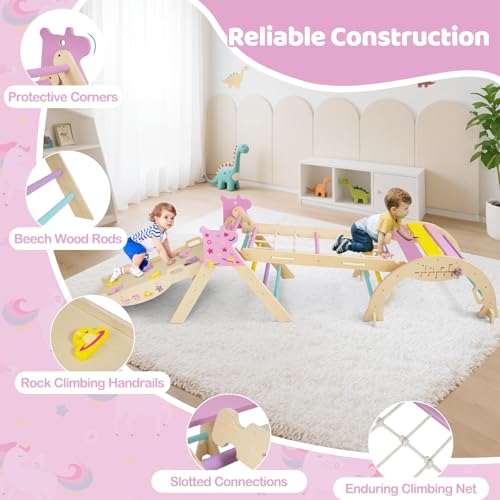 Costzon Pikler Triangle Set, 9-in-1 Foldable Baby Climbing Toys, Wood Montessori Climbing Set for Learning and Motor Skills, Indoor Playground Jungle Gym for Toddlers 3+ Climber Gifts (Pink) - style: 9 in 1 Arch Climber Ladder, Pink