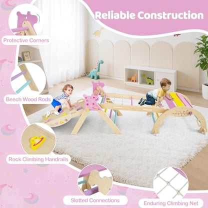 Costzon Pikler Triangle Set, 9-in-1 Foldable Baby Climbing Toys, Wood Montessori Climbing Set for Learning and Motor Skills, Indoor Playground Jungle Gym for Toddlers 3+ Climber Gifts (Pink) - style: 9 in 1 Arch Climber Ladder, Pink