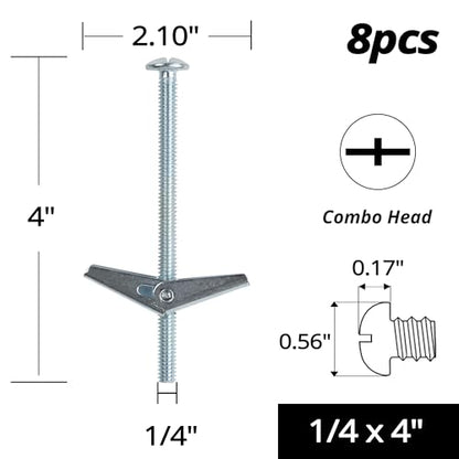 HASWARE Toggle Bolt Zinc Plated Steel and Wing Nut for Hanging Heavy Items on Drywall 1/4x4 (8 Pack) - size: 1/4x4" (8 Pack)