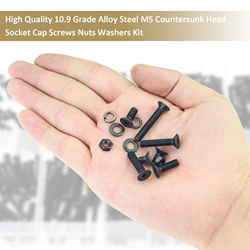 242 Pieces Black M5 x 6/8 /10/12 /16/20 /25mm Countersunk Head Socket Cap Screws Nuts Washers Assortment Kit, 10.9 Grade Alloy Steel - size: M5, style: Countersunk Head