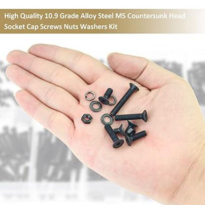 242 Pieces Black M5 x 6/8 /10/12 /16/20 /25mm Countersunk Head Socket Cap Screws Nuts Washers Assortment Kit, 10.9 Grade Alloy Steel - size: M5, style: Countersunk Head